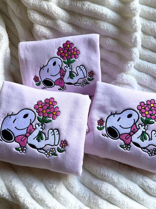 Flower Dog Light Pink Embroidered Sweatshirt